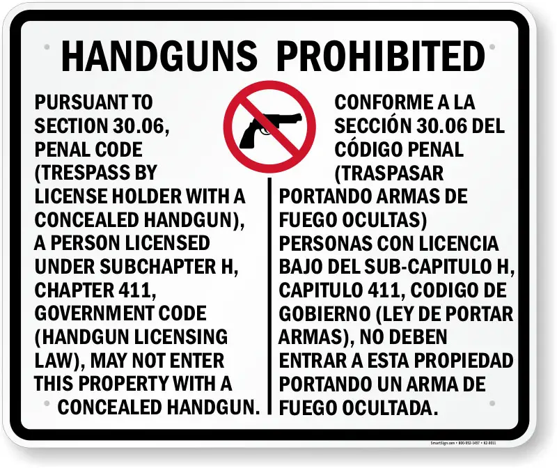 30.06 sign prohibiting concealed carry of handguns in a business in Texas