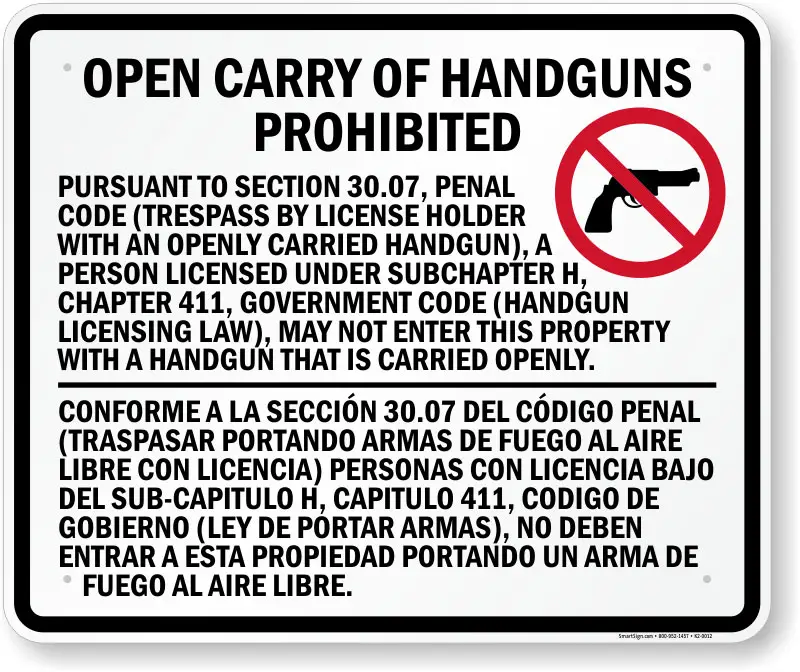 30.07 sign prohibiting open carry of handguns in a business in Texas