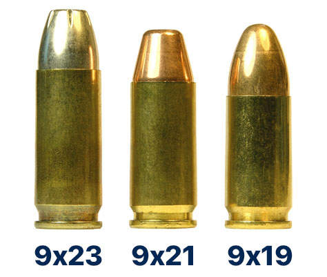 Side by side 9mm comparison of (left to right) 9x23mm, 9x21mm, 9x19mm