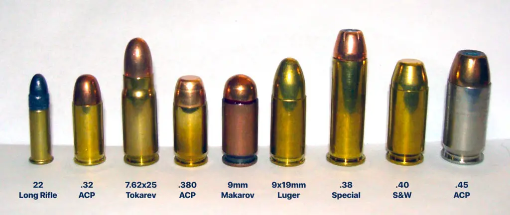 Pistol Cartridge side by side comparison with (left to right) 22 Long Rifle, .32 ACP, 7.62x25 Tokarev, .380 ACP, 9mm Makarov, 9mm Luger, .38 Special, .40 S&W, .45 ACP