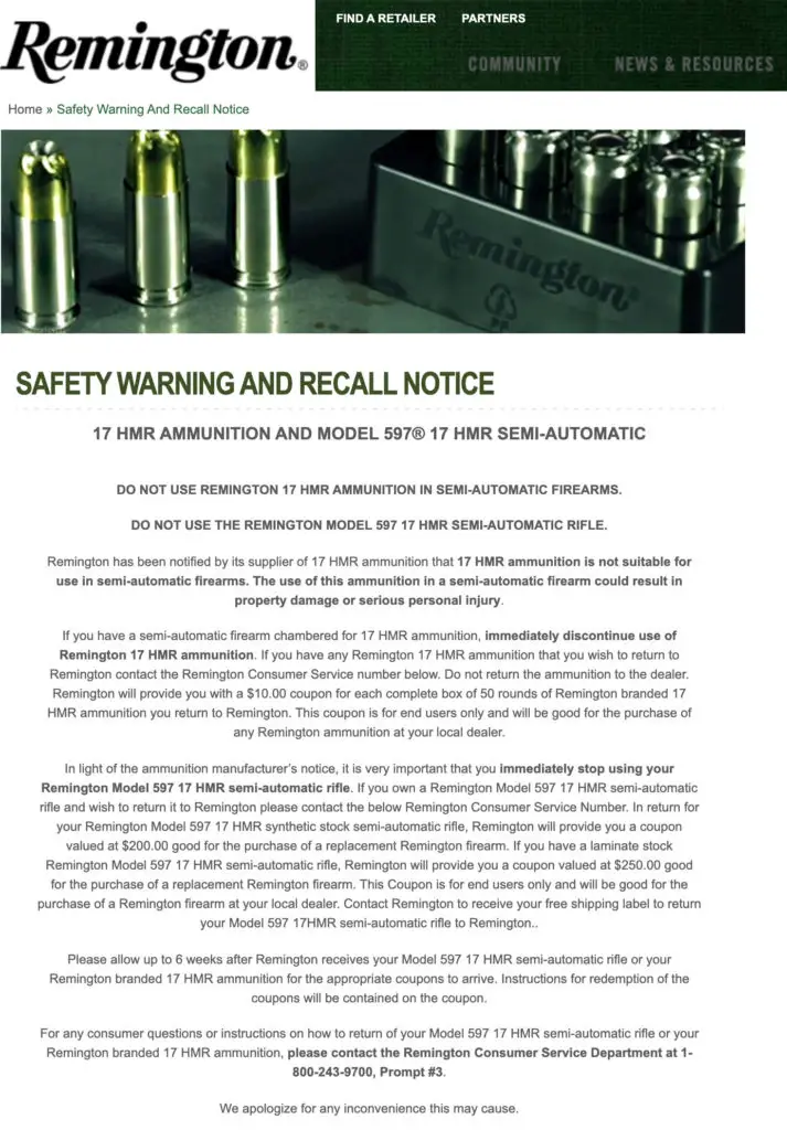 Remington Model 597 .17 HMR Recall Notice from Remington's website