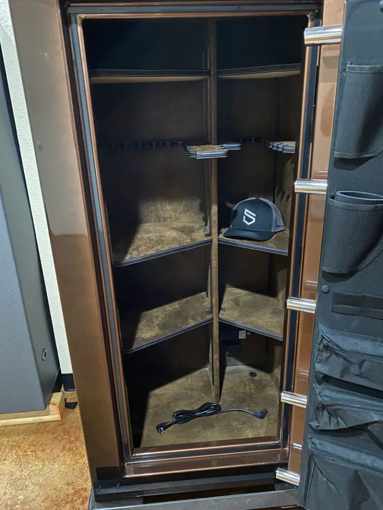 The inside of a Rhino Safe in a brown color