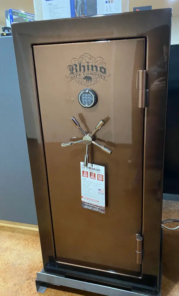 The outside of a Rhino Safe in a brown metal color