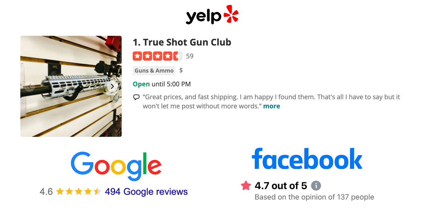 Customer Reviews from Google, Yelp, and Facebook for True Shot Gun Club