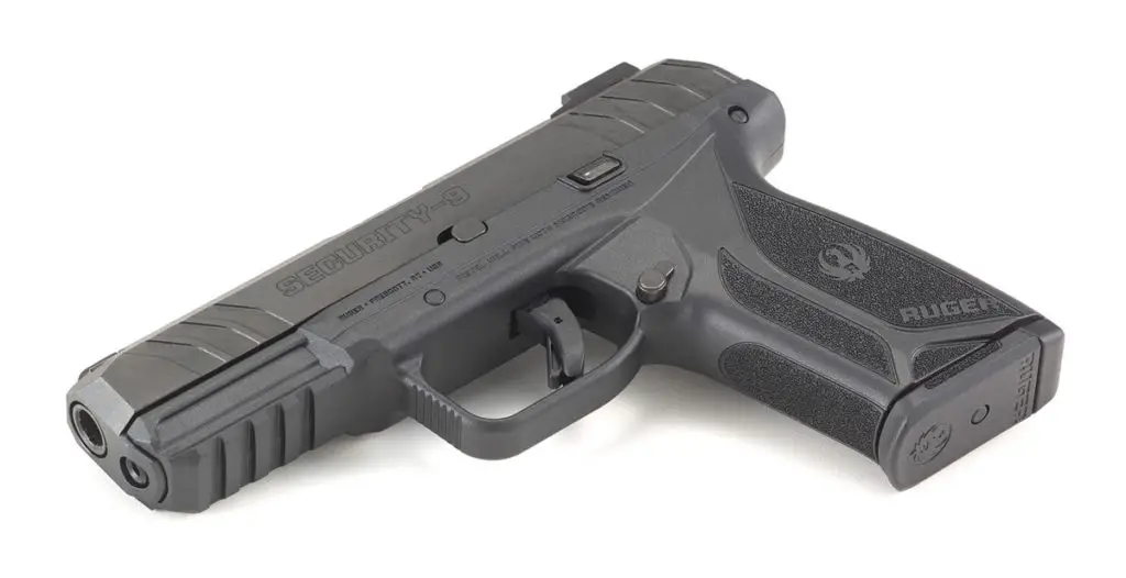 Ruger Security 9 on its side with magazine inserted