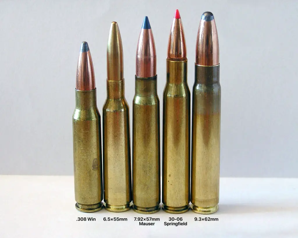 308 win vs 6.5x55mm vs 7.92x57mm mauser vs 30-06 springfield vs 9.3x62mm bullet comparison