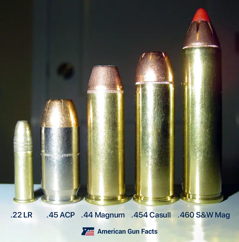 From Left to Right: 22 LR, 45 ACP, 44 Magnum, 454 Casull, 460 S&W Magnum