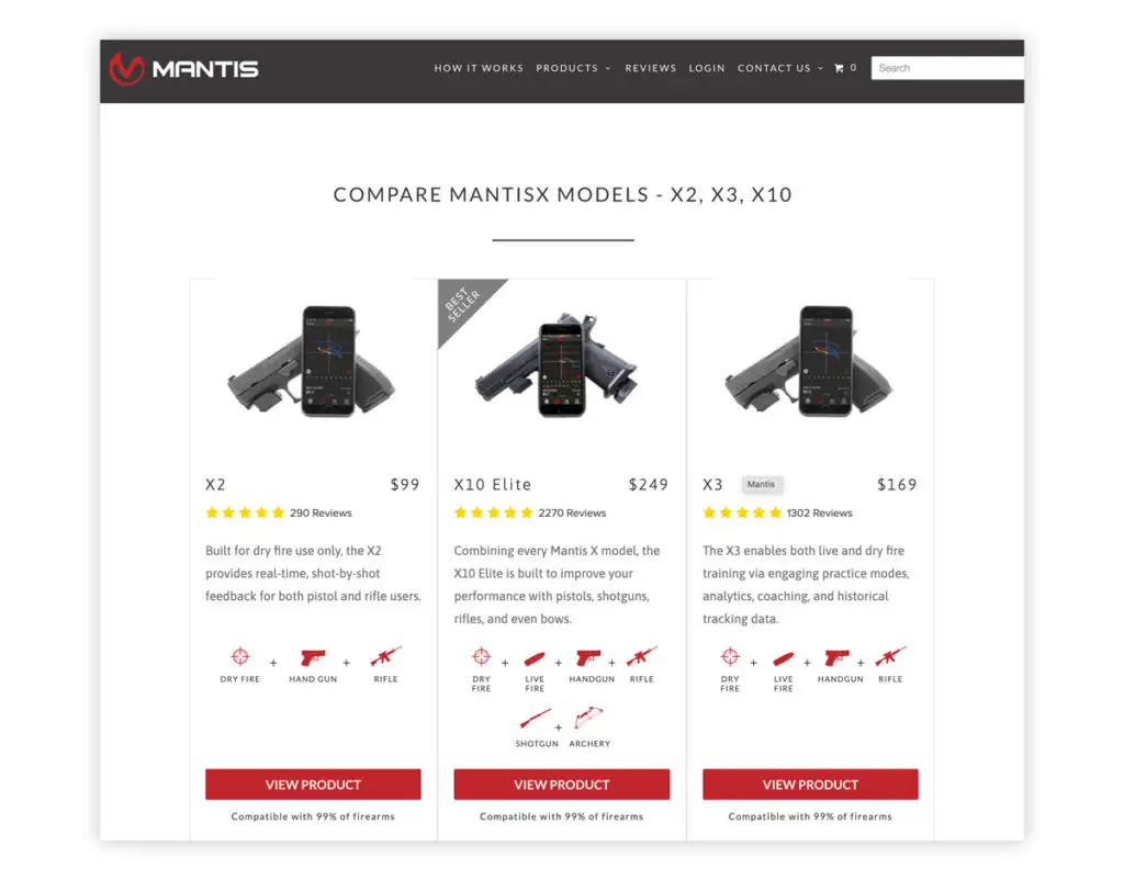 Mantis website with MantisX Pistol products