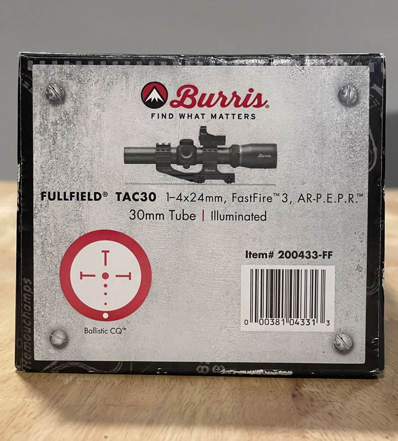 Burris Tac30 side specs on box