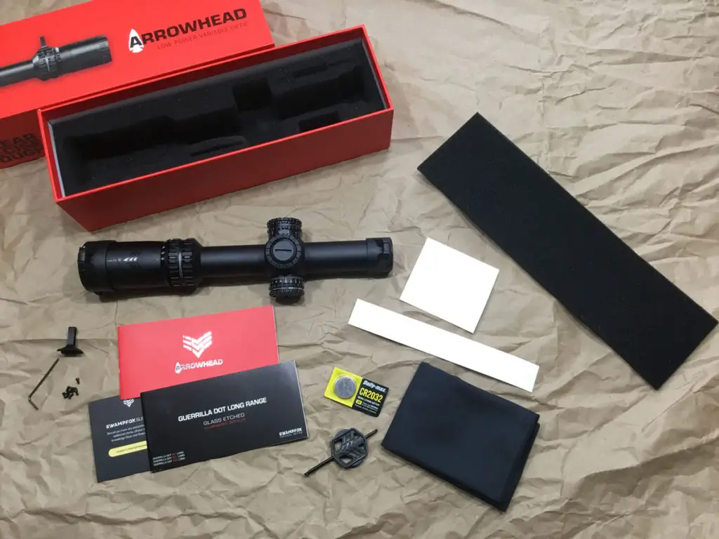 SwampFox Arrowhead LPVO Rifle scope open box with all contents and instructions