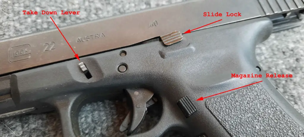 Glock 22 take down lever, slide lock, and magazine release buttons