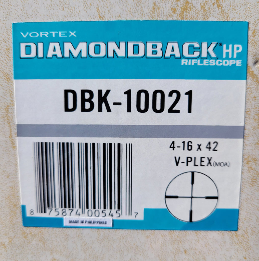 Vortex Diamondback HP Rifle Scope label on box