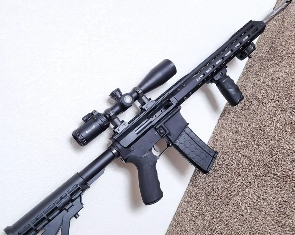 AR15 rifle with a Bushnell AR Scope mounted on the picatinny rail