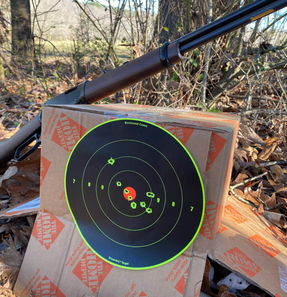 Henry 22 sitting on box with target used for shooting practice