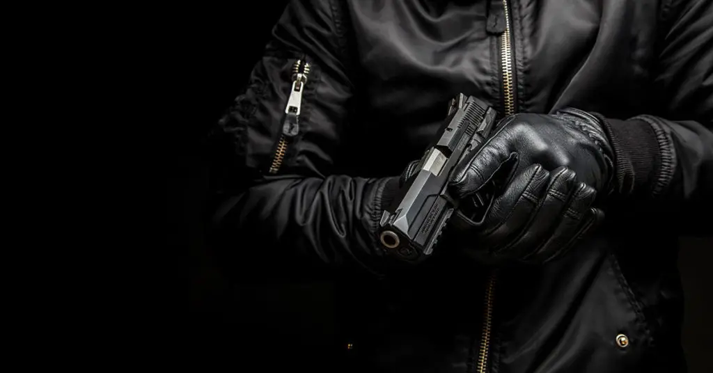 Man dressed in all black holding a firearm