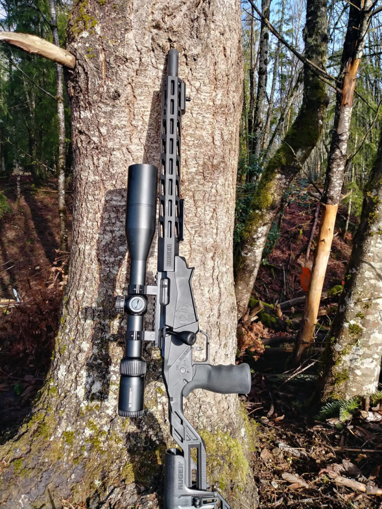 Ruger Precision Rimfire Rifle standing against a tree