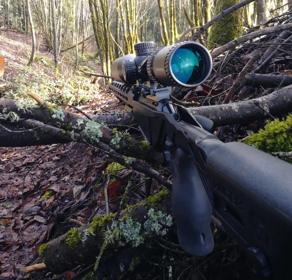 Ruger Precision Rimfire Rifle with a mounted scope looking down range