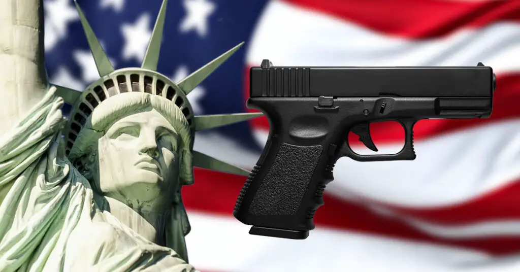 US Flag with statue of liberty and a pistol