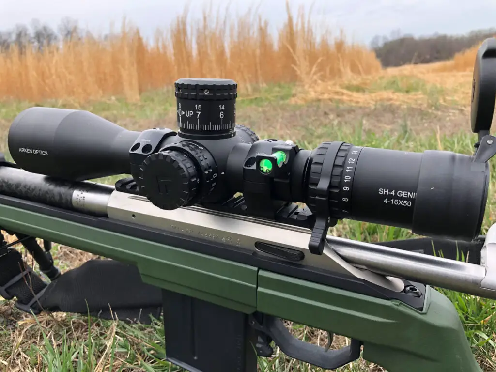 Arken Optics SH4 Gen2 Scope mounted on a rifle with a level and throw lever