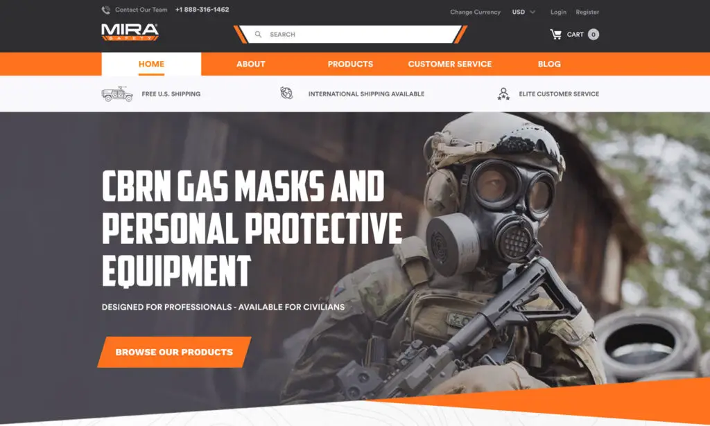 MIRA Safety website where they sell gas masks hazmat suits and other products