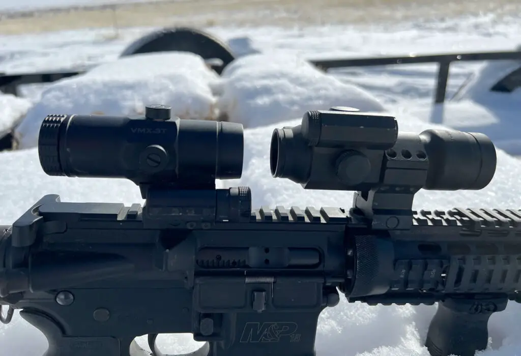 VMX-3T magnifier and Vortex Strikefire 2 Optic mounted on same rifle together