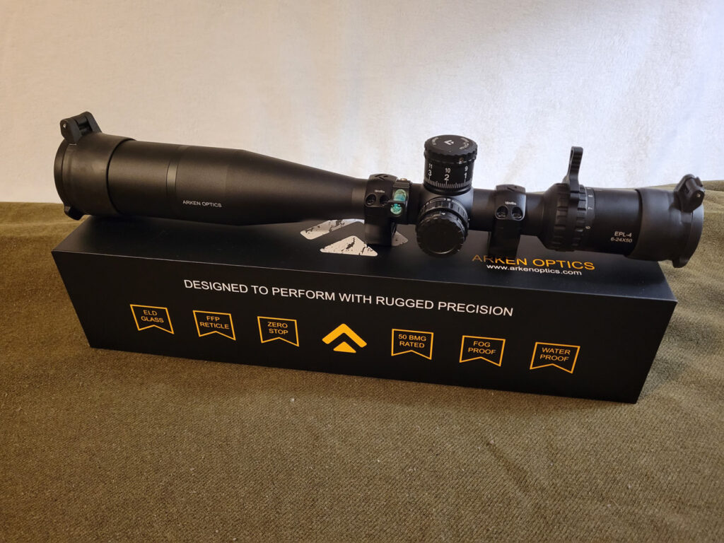 Arken EPL-4 6-24x50 scope sitting on the original box
