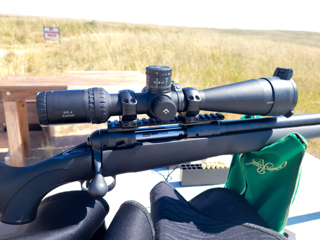 Arken EPL-4 6-24x50 scope mounted on a rifle at the range