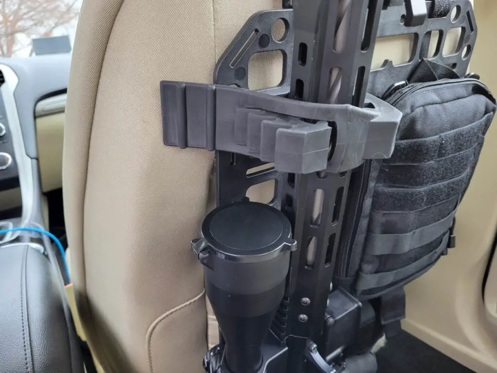 AR15 with quick detach mount on the Grey Man Tactical Vehicle Seat Rifle Rack